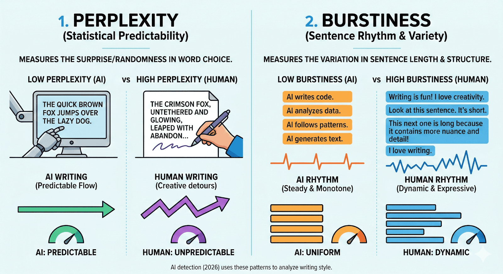 A 2026 comparison of AI and human linguistic signatures showing how detectors analyze perplexity (statistical predictability) and burstiness (sentence rhythm and variety). Credit: TheSify.ai